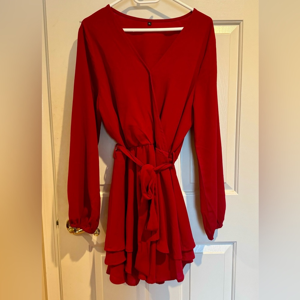 Vibrant red double ruffled long tunic top in size XL